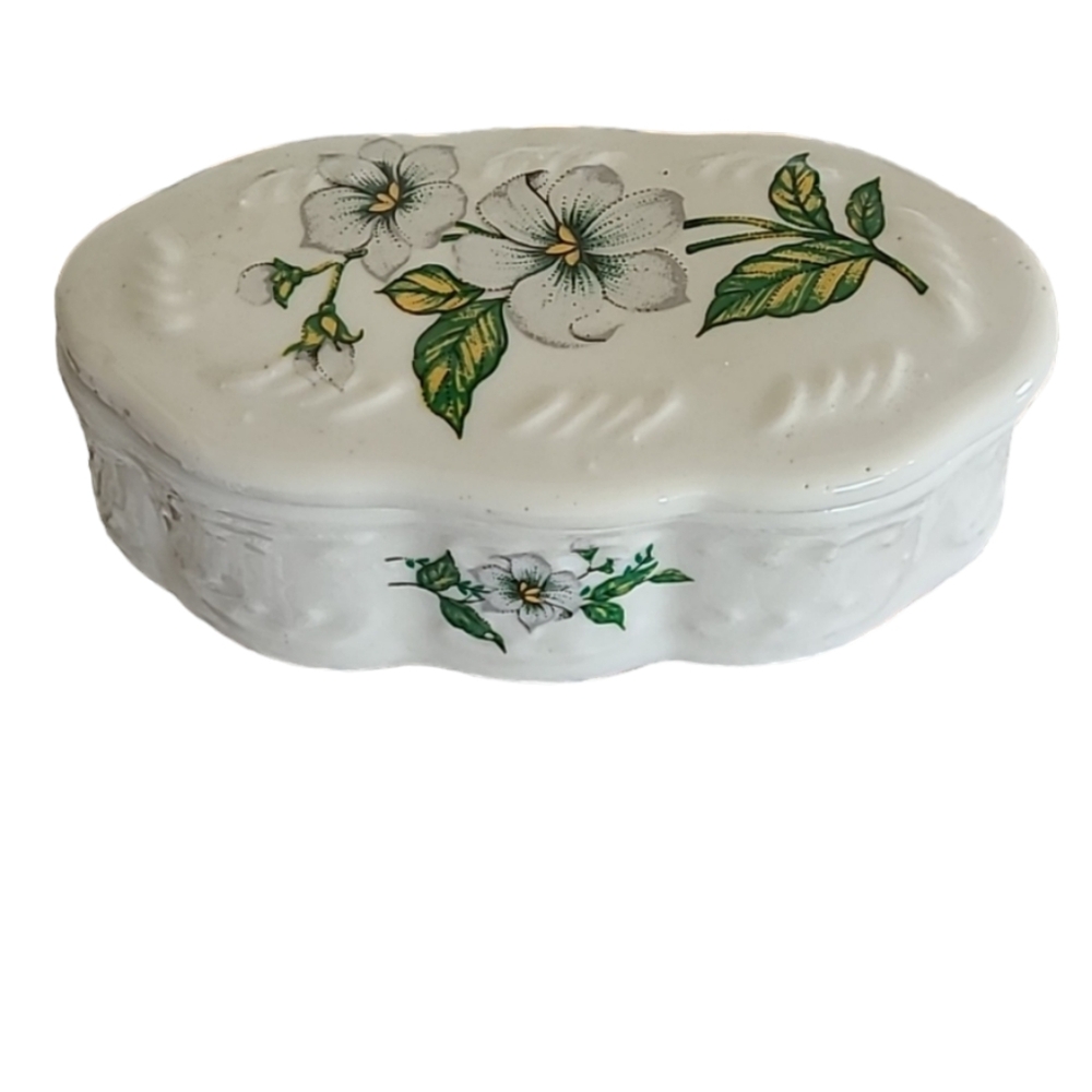 Floral Ceramic Trinket Jewelry Box Vanity Dish Ultra Feminine Shabby Chic
